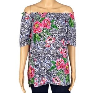 TALBOTS on or off-the-shoulder, semi-sheer crepe blouse w/flowers. Size XL. EUC